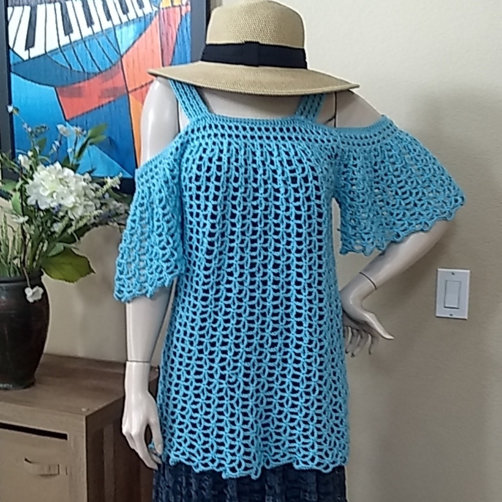 SOLD- Crochet Cold Shoulder mesh top - handmade